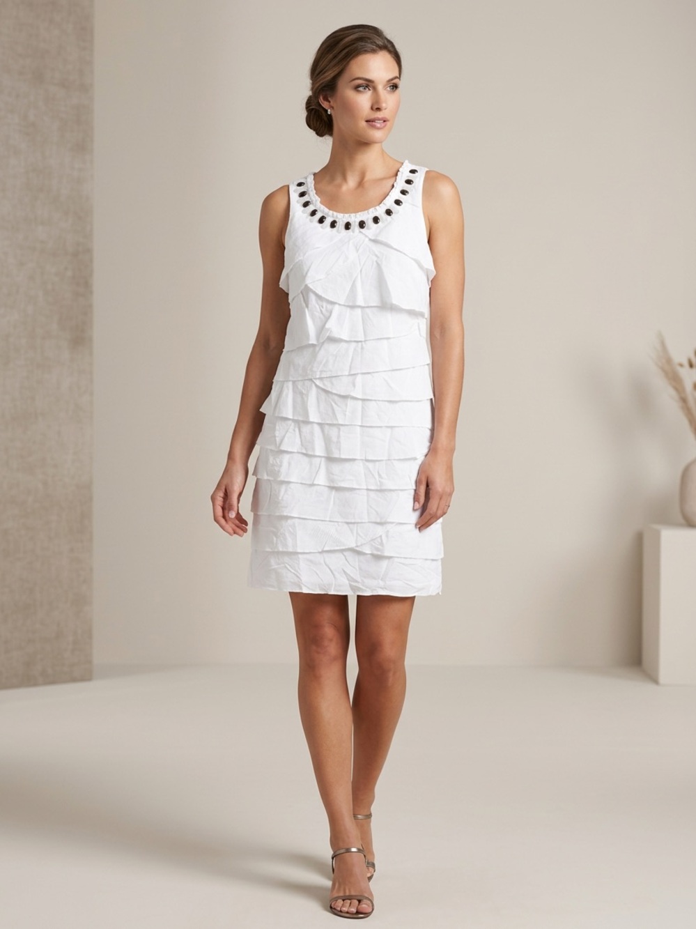S.L. Fashions White Sleeveless Tiered Dress with Jeweled Neckline